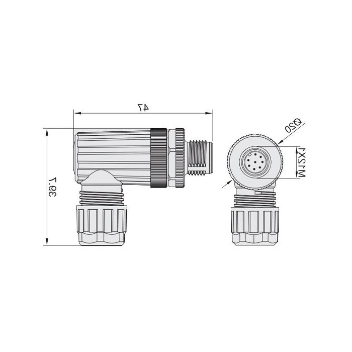 M12 8Pin, male 90°, screw connection, 64F421 